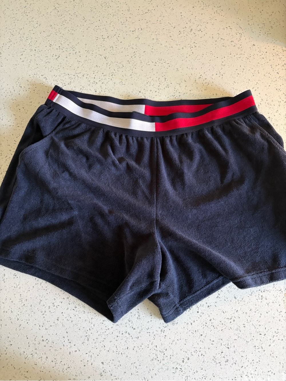 Tommy Hilfiger Black Terry Shorts with Red & White Stripe Waistband